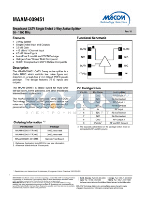 MAAM-009451-TR1000 datasheet - Broadband CATV Single Ended 3-Way Active Splitter