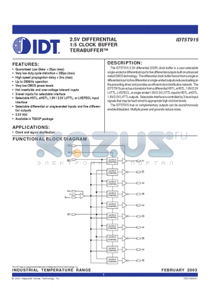 IDT5T915 datasheet - 2.5V DIFFERENTIAL 1:5 CLOCK BUFFER TERABUFFER