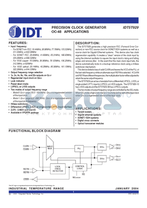 IDT5T929 datasheet - PRECISION CLOCK GENERATOR OC-48 APPLICATIONS