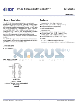 IDT5T9304PG datasheet - LVDS, 1:4 Clock Buffer Terabuffer