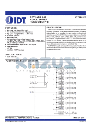 IDT5T9310 datasheet - 2.5V LVDS 1:10 CLOCK BUFFER TERABUFFER II