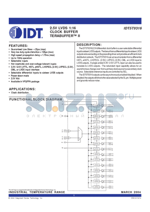 IDT5T9316 datasheet - 2.5V LVDS 1:16 CLOCK BUFFER TERABUFFER II