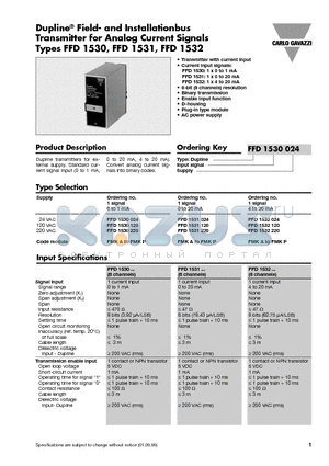 FFD1532120 datasheet - Dupline^ Field- and Installationbus Transmitter for Analog Current Signals