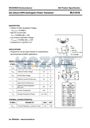 MJ11016 datasheet - isc Silicon NPN Darlington Power Transistor