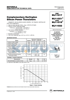 MJ11017 datasheet - 30 AMPERE DARLINGTON POWER TRANSISTORS COMPLEMENTARY SILICON 60.120 VOLTS 200 WATTS