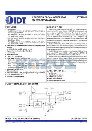 IDT5T940 datasheet - PRECISION CLOCK GENERATOR OC-192 APPLICATIONS