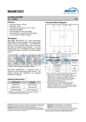 MAAM12021 datasheet - Low Noise Amplifier 1.5 - 1.6 GHz