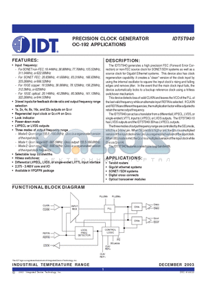 IDT5T940-30NLI datasheet - PRECISION CLOCK GENERATOR OC-192 APPLICATIONS