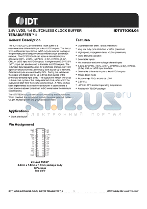 IDT5T93GL04PGI datasheet - 2.5V LVDS, 1:4 GLITCHLESS CLOCK BUFFER TERABUFFERII