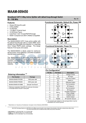 MAAM-009450-001SMB datasheet - Broadband CATV 3-Way Active Splitter with default loop-thru Switch