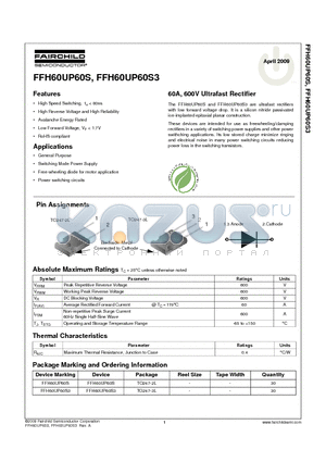FFH60UP60S datasheet - 60A, 600V Ultrafast Rectifier
