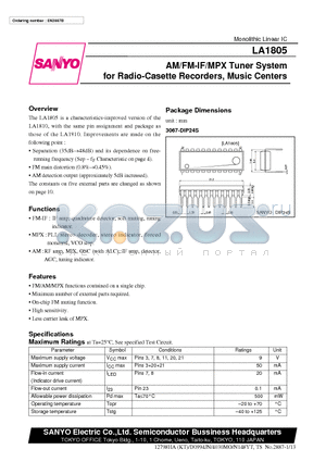 LA1805 datasheet - AM/FM-IF/MPX Tuner System for Radio-Casette Recorders, Music Centers