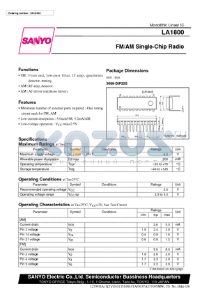 LA1800 datasheet - FM/AM Single-Chip Radio