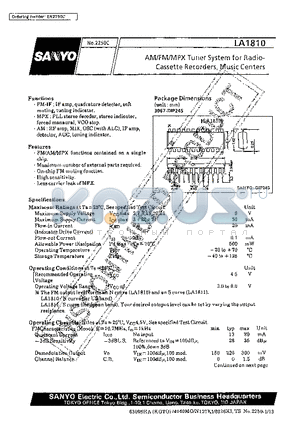 LA1810 datasheet - AM/FM/MPX Tuner System for Radio-Cassette Recorders, Music Centers