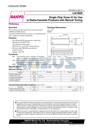 LA1824 datasheet - Single Chip Tuner IC for Use in Radio/Cassette Products with Manual Tuning