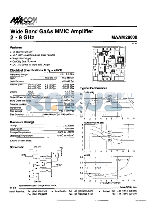 MAAM28000 datasheet - Wide Band GaAs MMIC Amplifier 2-8GHz