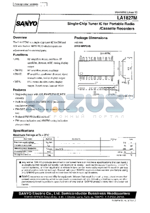 LA1827M datasheet - Single-Chip Tuner IC for Portable Radio/Cassette Recorders