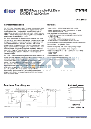 IDT5V7855 datasheet - EEPROM Programmable PLL Die for LVCMOS Crystal Oscillator