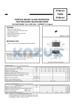 FFM101 datasheet - VOLTAGE RANGE 50 to 1000 Volts CURRENT 1.0 Ampere