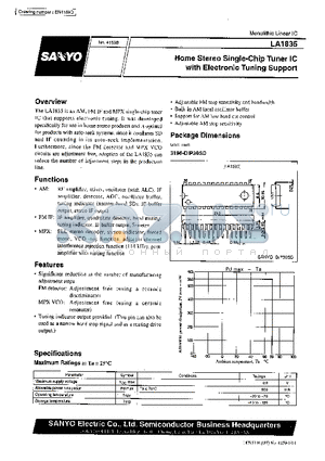LA1835 datasheet - Home Stereo Single-Chip Tuner IC with Electronic Tuning Support