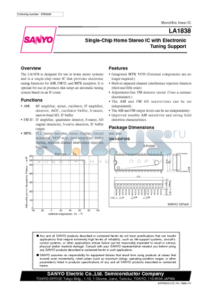 LA1838 datasheet - Single-Chip Home Stereo IC with Electronic Tuning Support