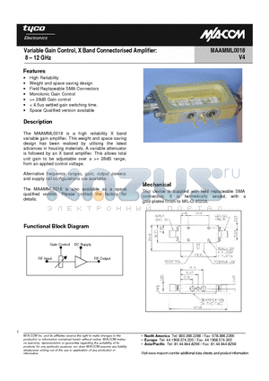 MAAMML0018 datasheet - Variable Gain Control, X Band Connectorised Amplifier: 8 - 12 GHz