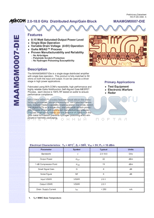 MAAMGM0007-DIE datasheet - 2.0-18.0 GHz Distributed Amp/Gain Block