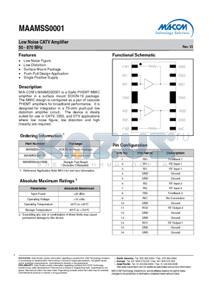 MAAMSS0001 datasheet - Low Noise CATV Amplifier 50 - 870 MHz