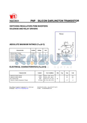 MJ11033 datasheet - PNP SILICON DARLINGTON TRANSISTOR(SWITCHING REGULATORS PWM INVERTERS SOLENOID AND RELAY DRIVERS)