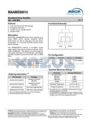 MAAMSS00014SMB-02 datasheet - Broadband Driver Amplifier 500 - 2400 MHz