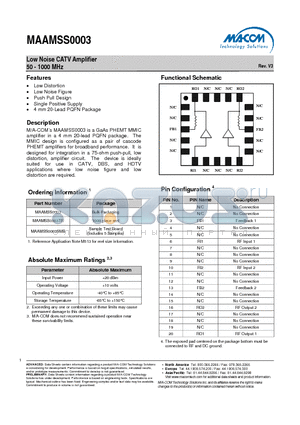 MAAMSS0003SMB datasheet - Low Noise CATV Amplifier 50 - 1000 MHz