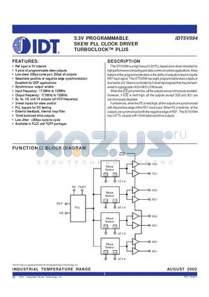 IDT5V994 datasheet - 3.3V PROGRAMMABLE SKEW PLL CLOCK DRIVER TURBOCLOCK-TM PLUS
