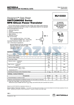 MJ13333 datasheet - 20 AMPERE NPN SILICON POWER TRANSISTORS 400-500 VOLTS 175 WATTS