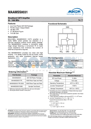 MAAMSS0031TR datasheet - Broadband CATV Amplifier 50 - 1000 MHz