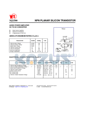 MJ1500 datasheet - NPN PLANAR SILICON TRANSISTOR(AUDIO POWER AMPLIFIER DC TO DC CONVERTER)