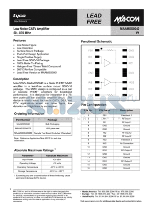 MAAMSS0040SMB datasheet - Low Noise CATV Amplifier 50 - 870 MHz