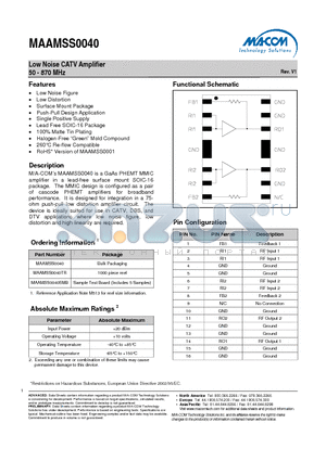 MAAMSS0040SMB datasheet - Low Noise CATV Amplifier 50 - 870 MHz