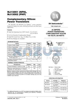 MJ15001 datasheet - Complementary Silicon Power Transistors