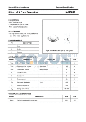 MJ15001 datasheet - Silicon NPN Power Transistors