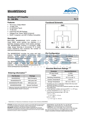 MAAMSS0042SMB datasheet - Broadband CATV Amplifier 50 - 1000 MHz
