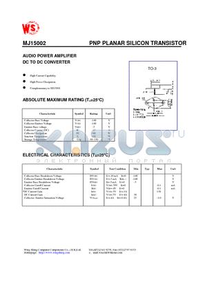 MJ15002 datasheet - PNP PLANAR SILICON TRANSISTOR(AUDIO POWER AMPLIFIER DC TO DC CONVERTER)