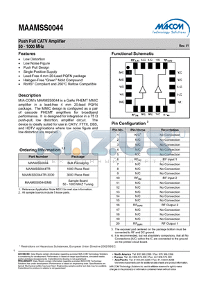 MAAMSS0044TR datasheet - Push Pull CATV Amplifier 50 - 1000 MHz