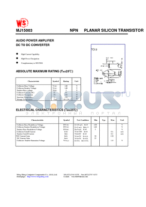 MJ15003 datasheet - NPN PLANAR SILICON TRANSISTOR(AUDIO POWER AMPLIFIER DC TO DC CONVERTER)