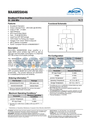 MAAMSS0046SMB datasheet - Broadband IF Driver Amplifier 50 - 2500 MHz