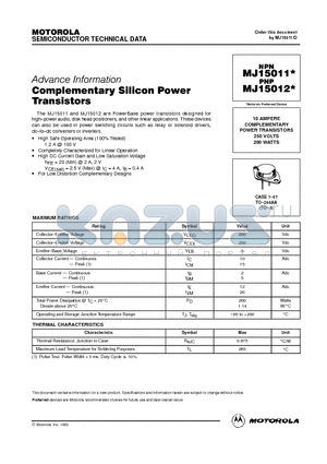 MJ15011 datasheet - 10 AMPERE COMPLEMENTARY POWER TRANSISTORS 250 VOLTS 200 WATTS