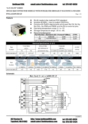 LA1E109-D34LF datasheet - SINGLE RJ45 CONNECTOR MODULE WITH INTEGRATED 1000 BASE-T MAGNETICS AND LEDS