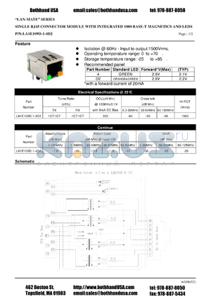 LA1E109D-1-4D2 datasheet - SINGLE RJ45 CONNECTOR MODULE WITH INTEGRATED 1000 BASE-T MAGNETICS AND LEDS