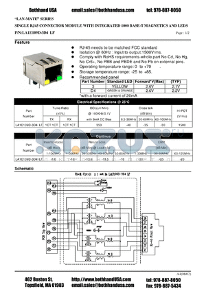 LA1E109D-3D4LF datasheet - SINGLE RJ45 CONNECTOR MODULE WITH INTEGRATED 1000 BASE-T MAGNETICS AND LEDS