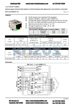 LA1E109D-43LF datasheet - SINGLE RJ45 CONNECTOR MODULE WITH INTEGRATED 1000 BASE-T MAGNETICS AND LEDS