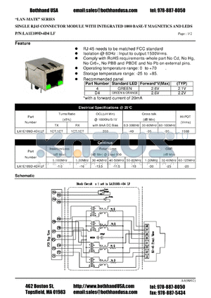 LA1E109D-4D4LF datasheet - SINGLE RJ45 CONNECTOR MODULE WITH INTEGRATED 1000 BASE-T MAGNETICS AND LEDS